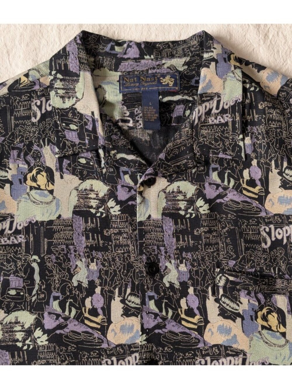Nat Nast Vintage Sloppy Joes Key West Silk Rayon AOP Loop Collar Button Up LG